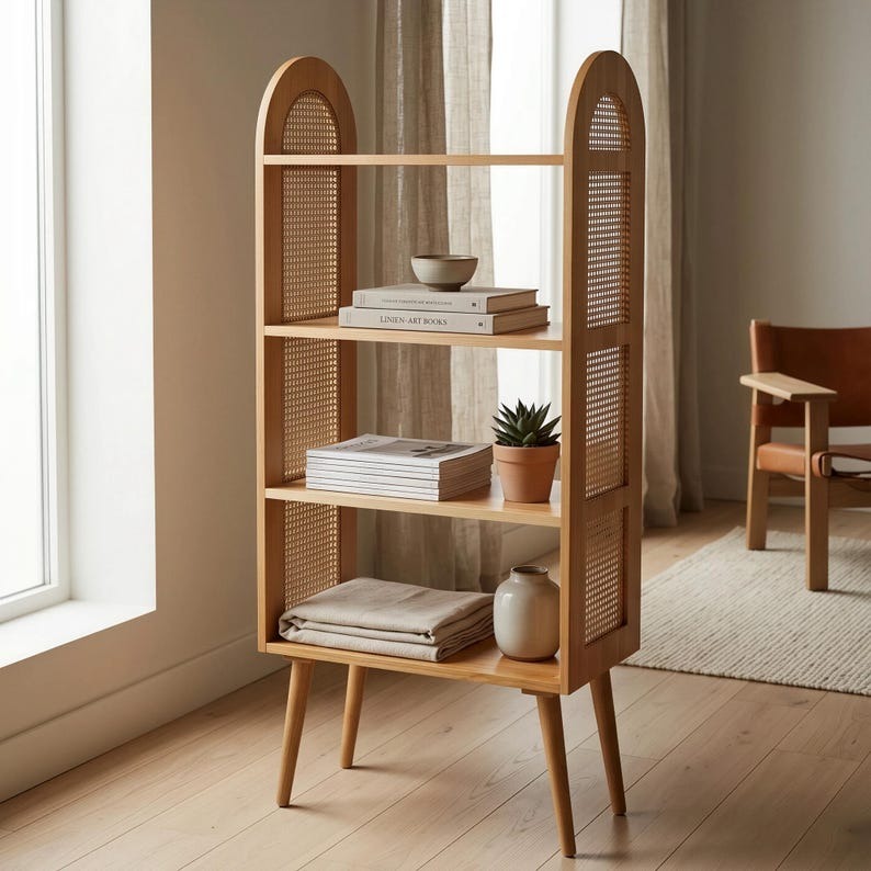Mid-Century Rattan Display Shelf | Modern Open Bookcase