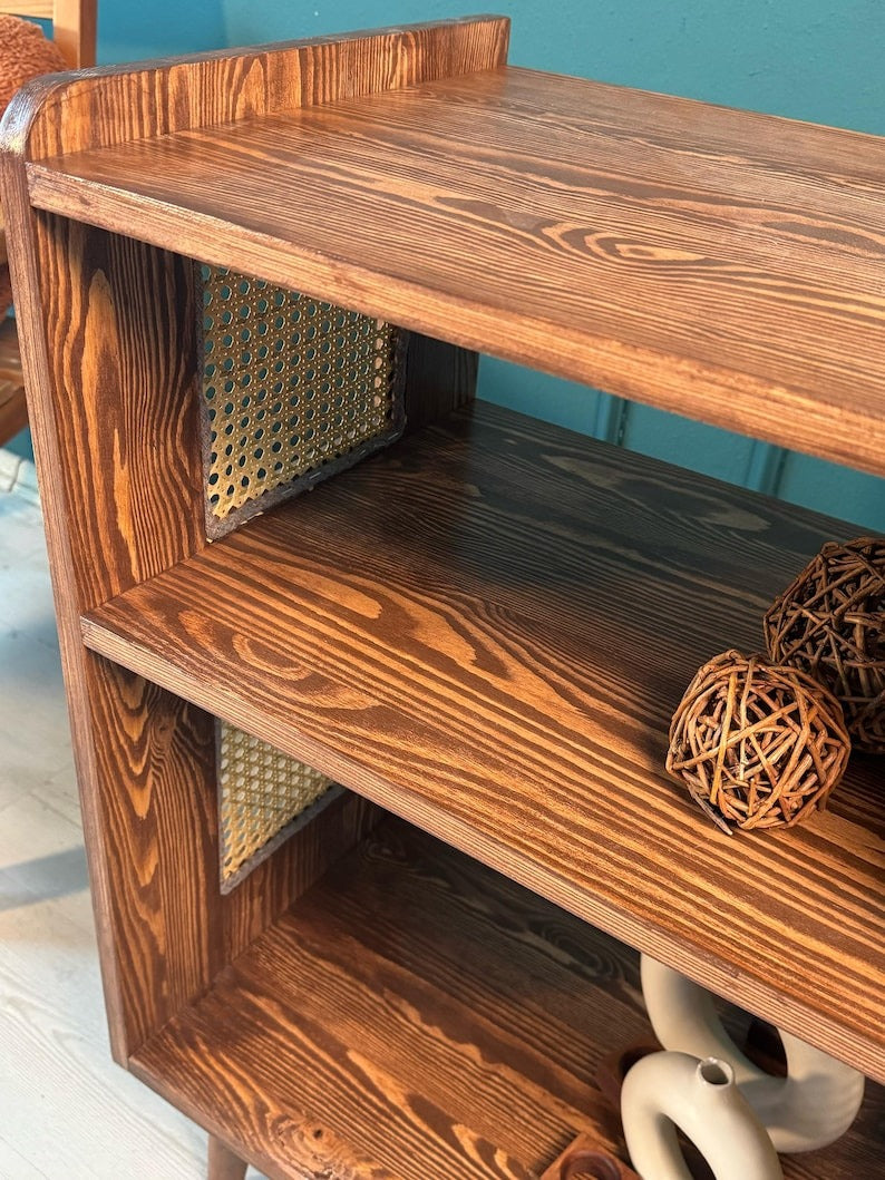 Rattan Record Player Stand with Vinyl Storage | Wooden Turntable Cabinet