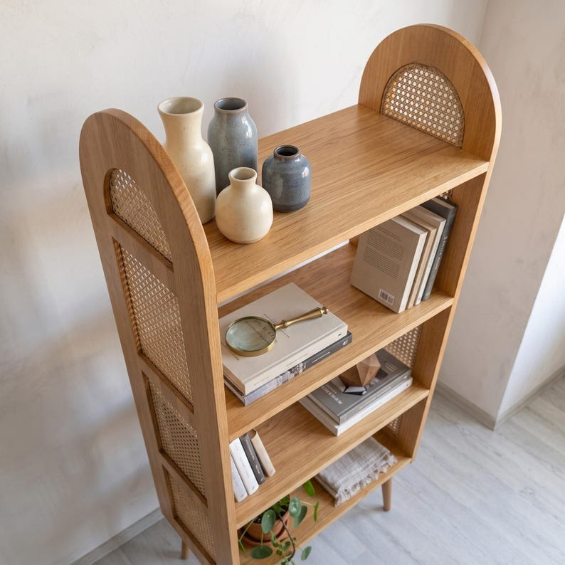 Mid-Century Rattan Display Shelf | Modern Open Bookcase