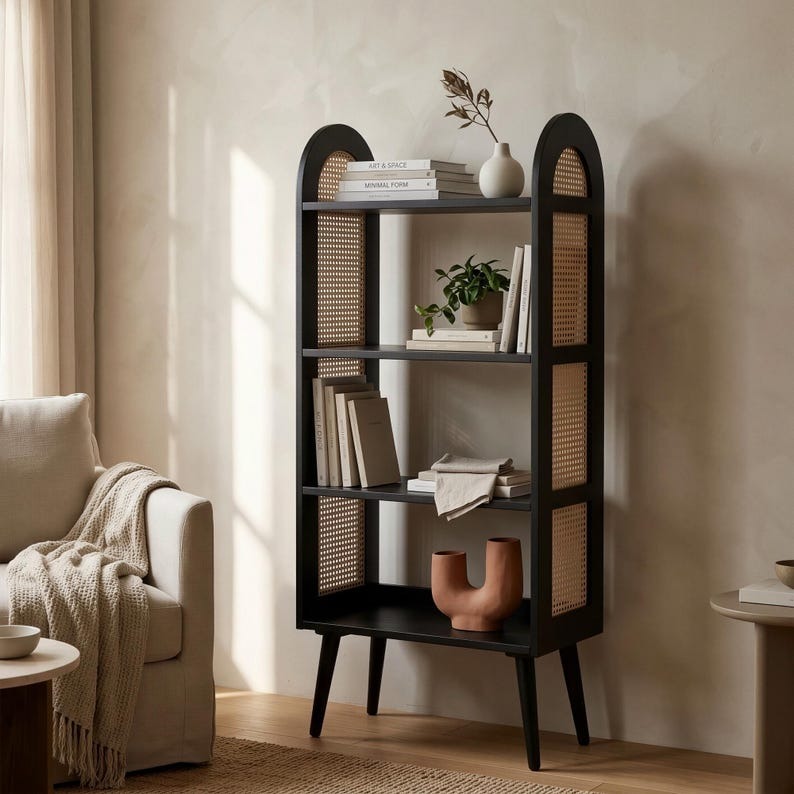 Mid-Century Rattan Display Shelf | Modern Open Bookcase