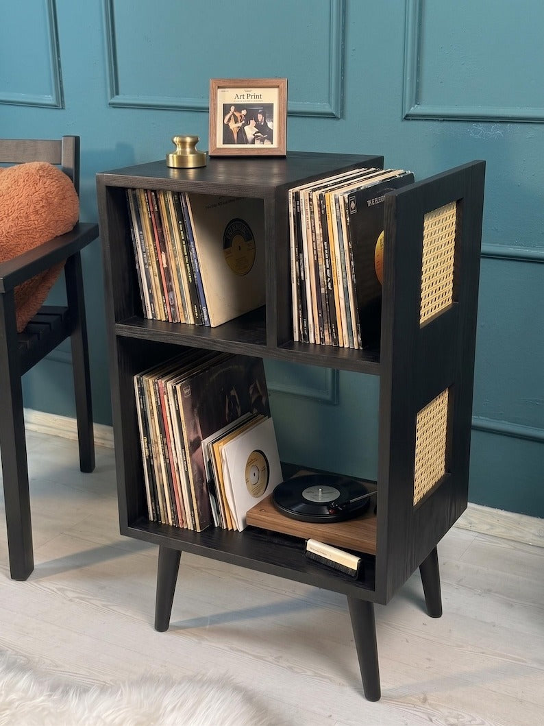 Rattan Record Player Stand with Vinyl Storage | Wooden Turntable Cabinet