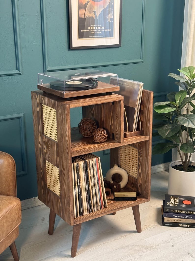 Rattan Record Player Stand with Vinyl Storage | Wooden Turntable Cabinet