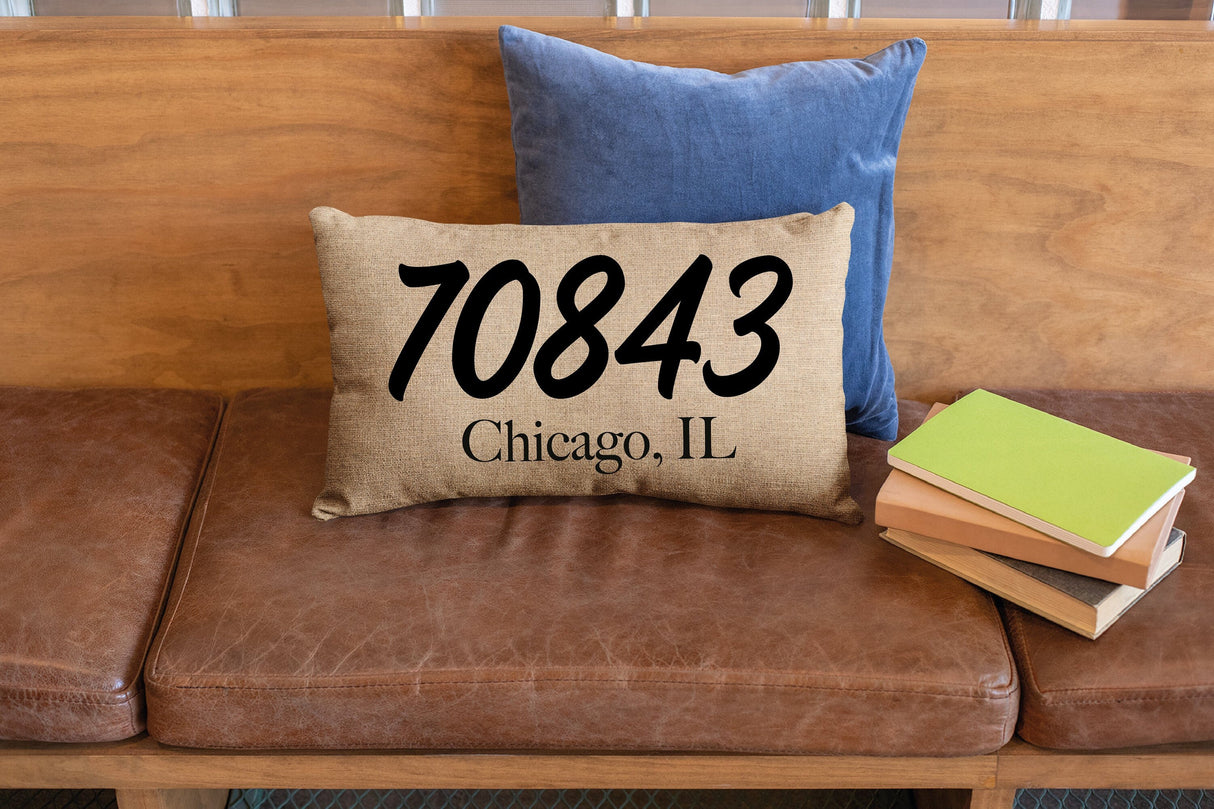 Personalized Zip Code Pillow, Zip Code Pillow, Custom Burlap Pillow, Custom Pillow Cases, Burlap Lumbar Pillow, Housewarming Gift, Farmhouse - Arria Home