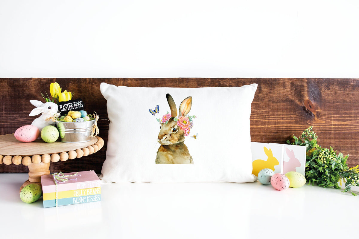 Easter Watercolor Bunny Pillow, Easter Decorations, Spring Bunny with Flowers Pillow, Easter Farmhouse Decor, Spring Decor, Easter Day Gift - Arria Home