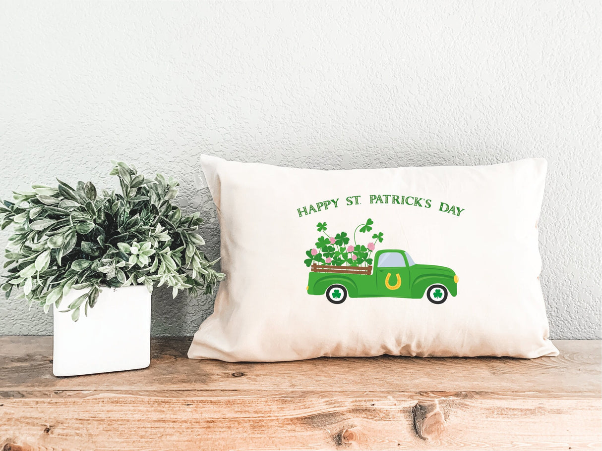 St Patricks Day Clover Track Decorative Pillow, St Patricks Day Decor, Shamrock Truck Pillow, Happy St Patricks Day Gift, Decorative Pillow - Arria Home