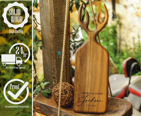 Charcuterie Board, Personalized Wood Board, Custom Charcuterie Board, Antler Wood Board, Engraved Cutting Board, Deer Board Decorative - Arria Home