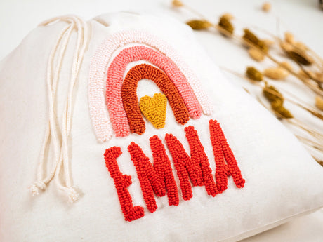 Personalized Punch Needler Embroidered Drawstring Bags, Custom Name Canvas Bag, Boho Rainbow, Baby Toddler Toy Bag, School Bag, Kid Gift.