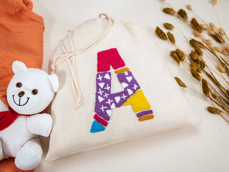 Personalized Punch Needler Embroidered Drawstring Bags, Custom Name Canvas Bag, Boho Rainbow, Baby Toddler Toy Bag, School Bag, Kid Gift.
