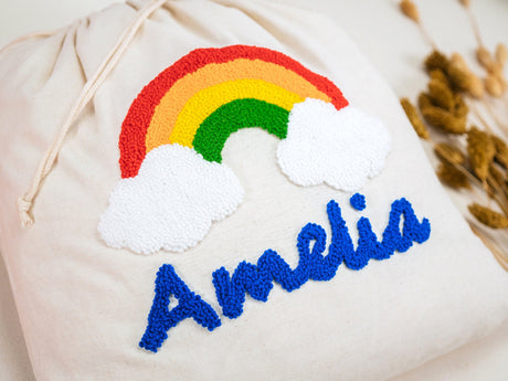Personalized Punch Needler Embroidered Drawstring Bags, Custom Name Canvas Bag, Boho Rainbow, Baby Toddler Toy Bag, School Bag, Kid Gift.