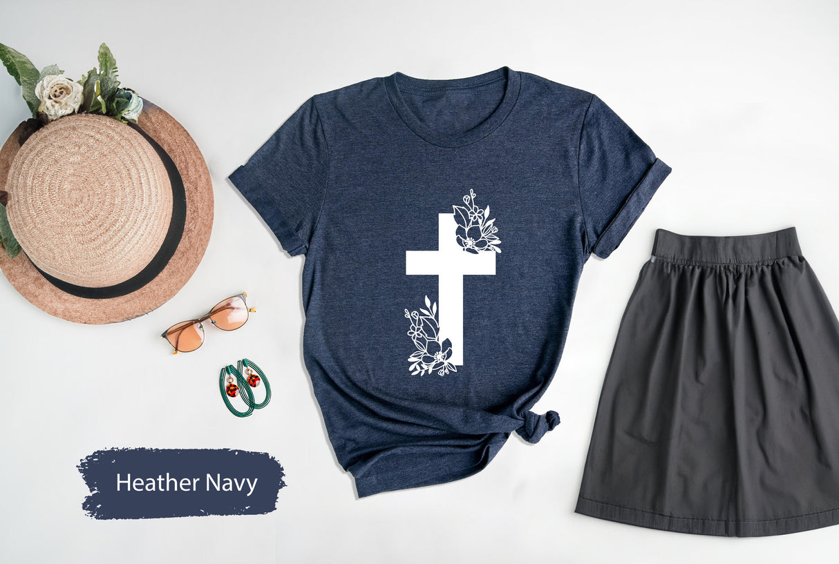 Vertical Cross Shirt, Floral Cross T-Shirt, Cross Tee, Religious Shirt, Church Shirt, Jesus Love Gift, Inspirational Christian Shirt