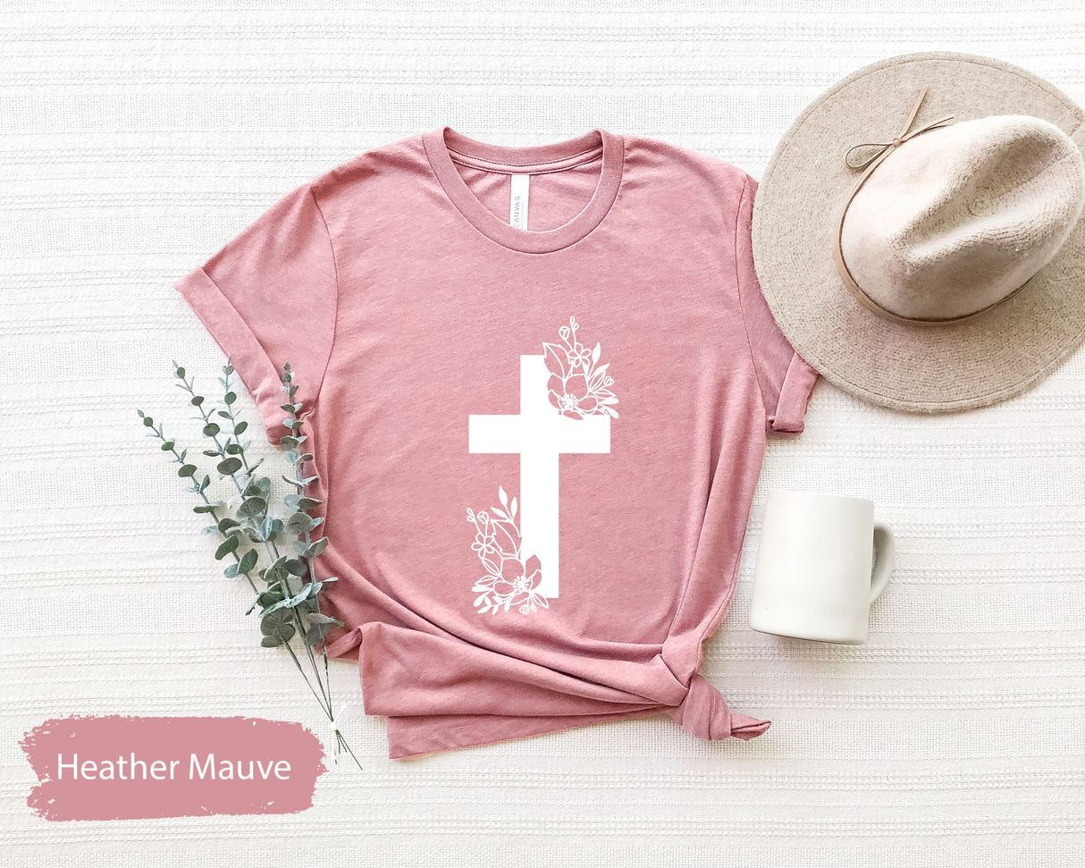 Vertical Cross Shirt, Floral Cross T-Shirt, Cross Tee, Religious Shirt, Church Shirt, Jesus Love Gift, Inspirational Christian Shirt
