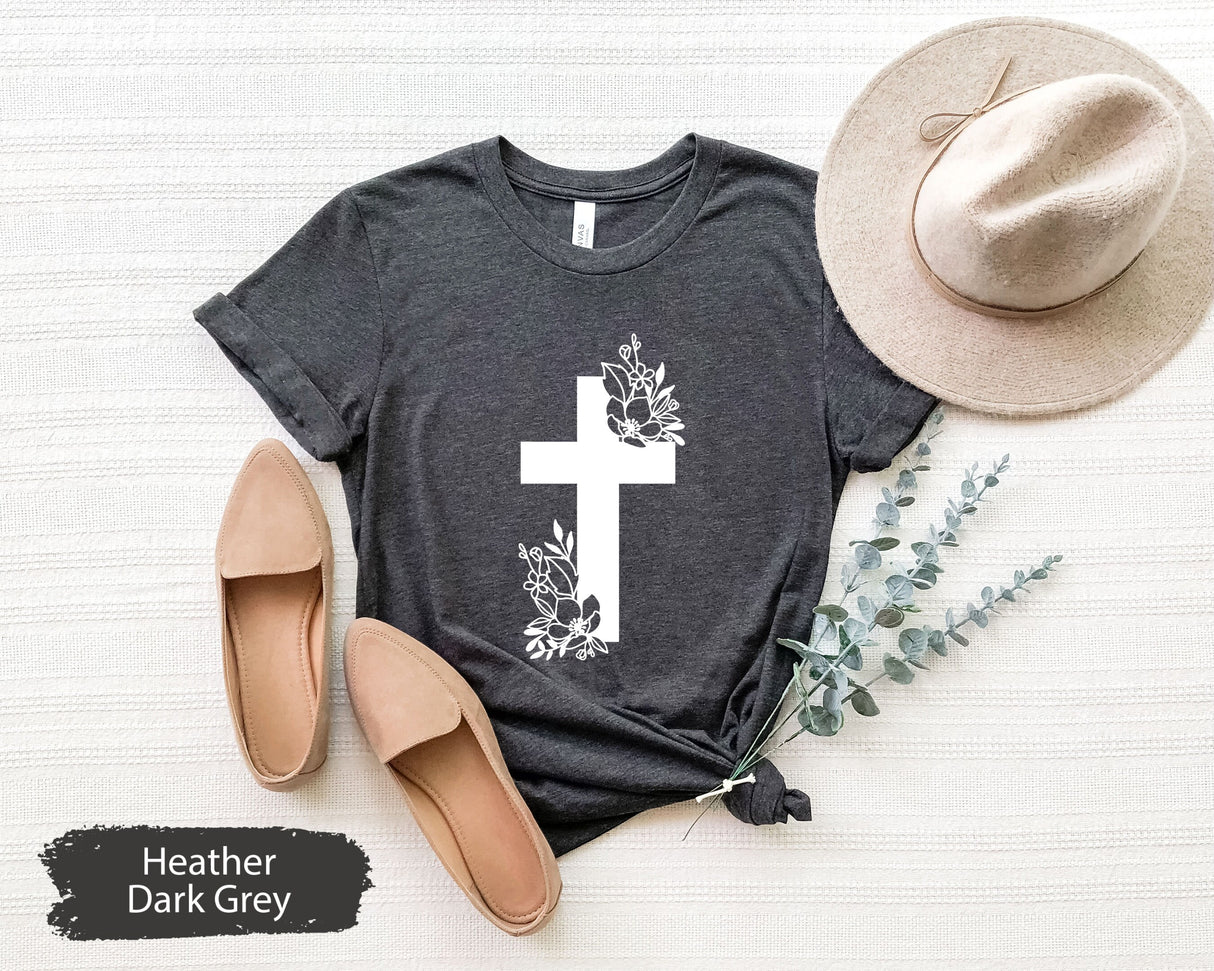 Vertical Cross Shirt, Floral Cross T-Shirt, Cross Tee, Religious Shirt, Church Shirt, Jesus Love Gift, Inspirational Christian Shirt
