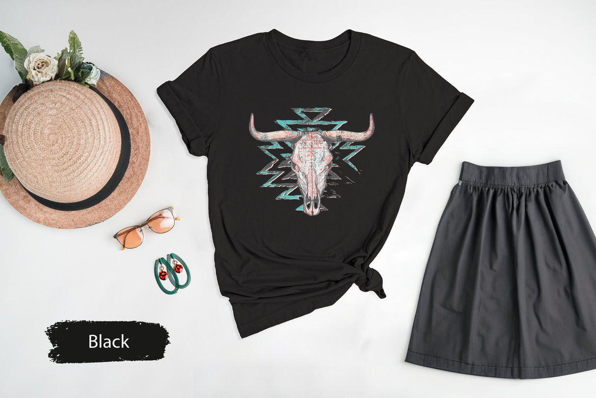 Boho Cow Skull Shirt, Howdy shirt, Wild west Shirt, Western Graphic Tee, Cowgirl Shirt, Bull Skull Shirt, Southwest Shirt, Western Clothing