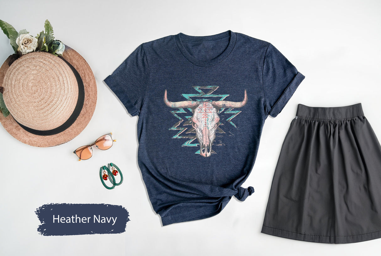 Boho Cow Skull Shirt, Howdy shirt, Wild west Shirt, Western Graphic Tee, Cowgirl Shirt, Bull Skull Shirt, Southwest Shirt, Western Clothing