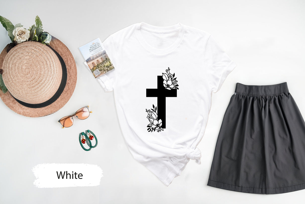 Vertical Cross Shirt, Floral Cross T-Shirt, Cross Tee, Religious Shirt, Church Shirt, Jesus Love Gift, Inspirational Christian Shirt