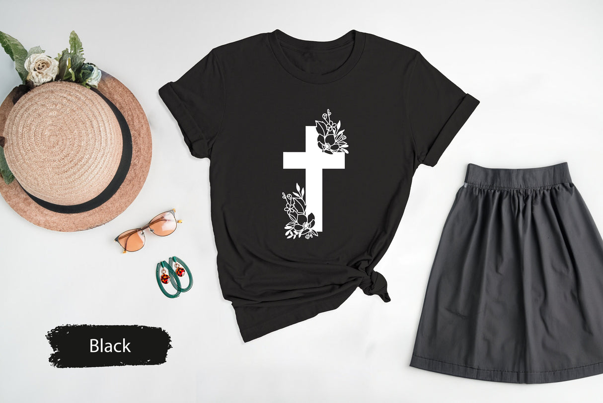 Vertical Cross Shirt, Floral Cross T-Shirt, Cross Tee, Religious Shirt, Church Shirt, Jesus Love Gift, Inspirational Christian Shirt