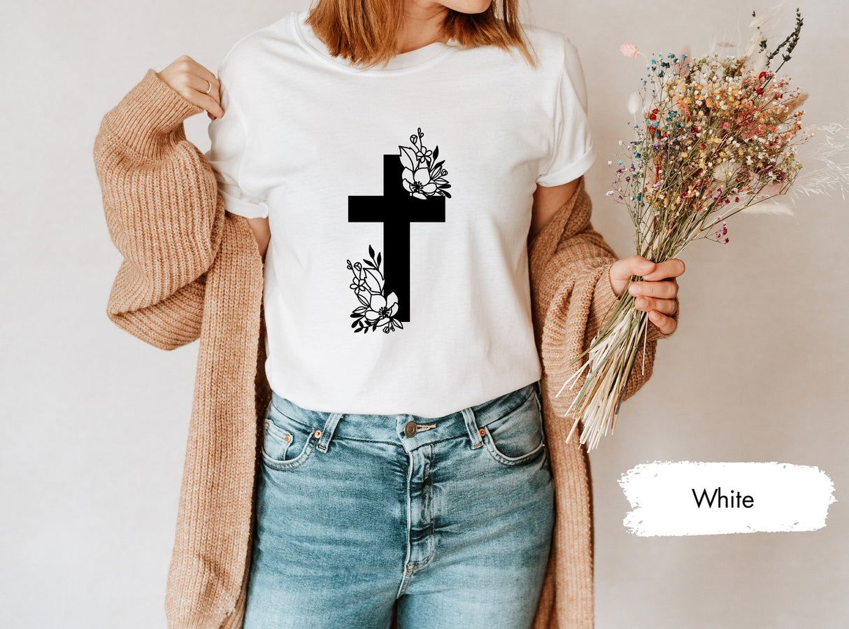 Vertical Cross Shirt, Floral Cross T-Shirt, Cross Tee, Religious Shirt, Church Shirt, Jesus Love Gift, Inspirational Christian Shirt