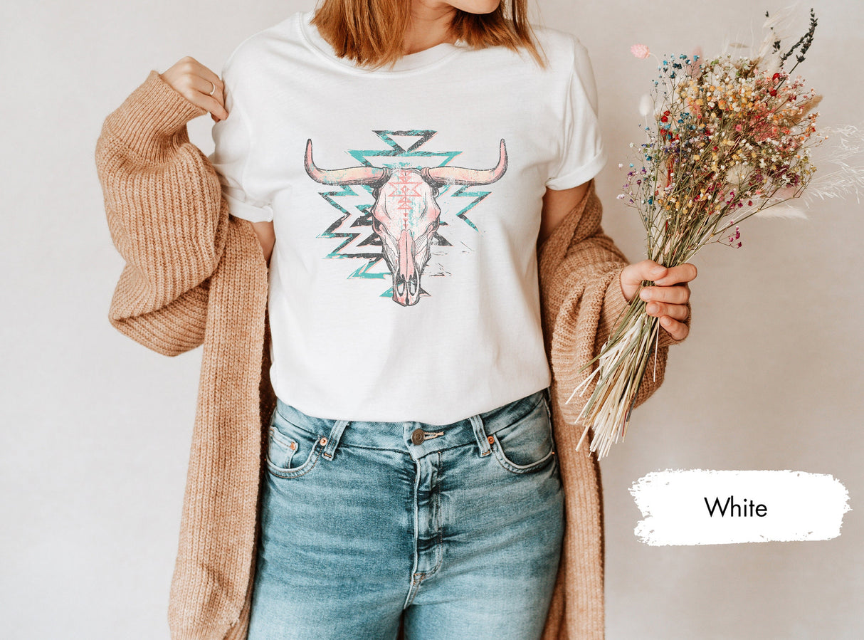Boho Cow Skull Shirt, Howdy shirt, Wild west Shirt, Western Graphic Tee, Cowgirl Shirt, Bull Skull Shirt, Southwest Shirt, Western Clothing
