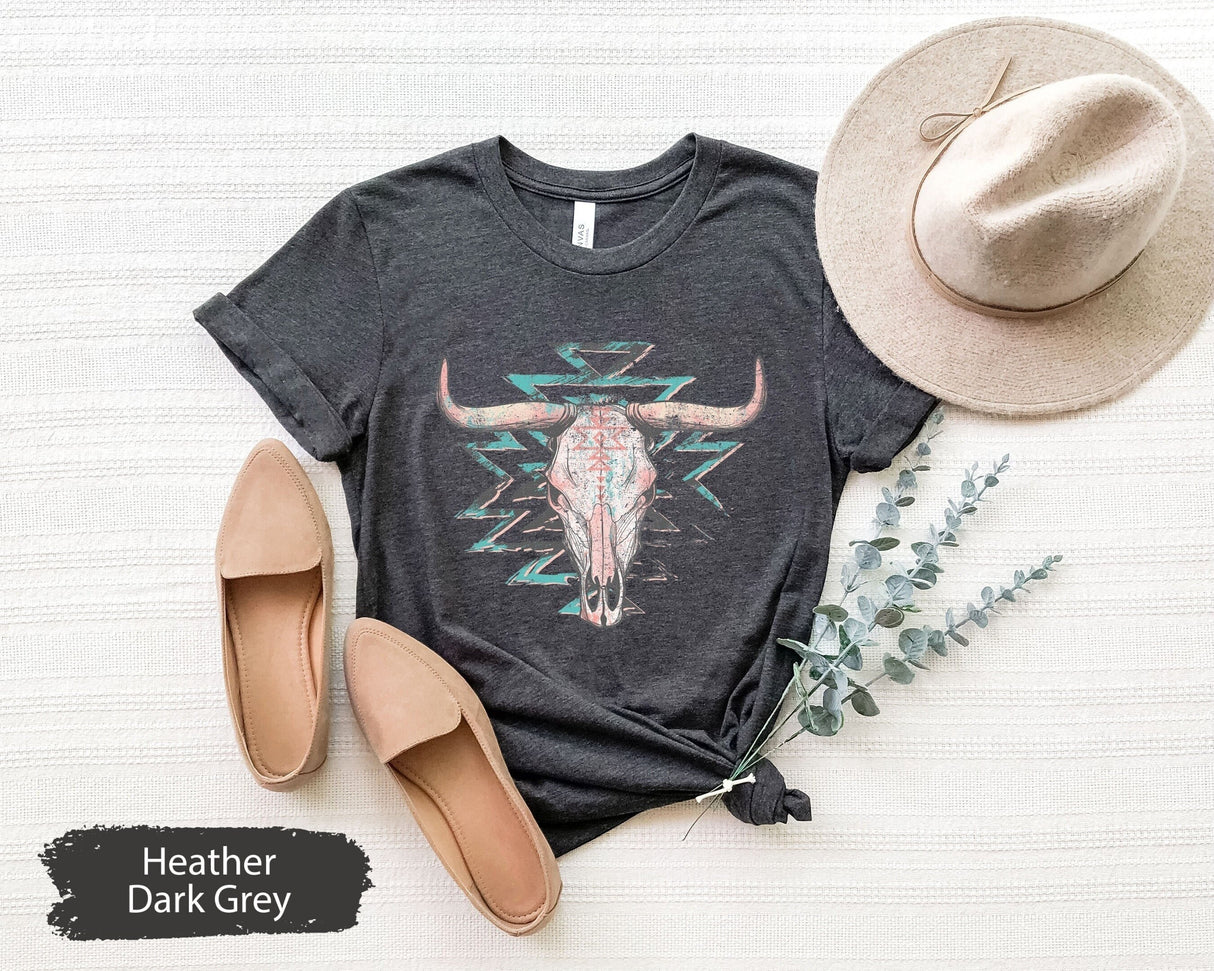 Boho Cow Skull Shirt, Howdy shirt, Wild west Shirt, Western Graphic Tee, Cowgirl Shirt, Bull Skull Shirt, Southwest Shirt, Western Clothing