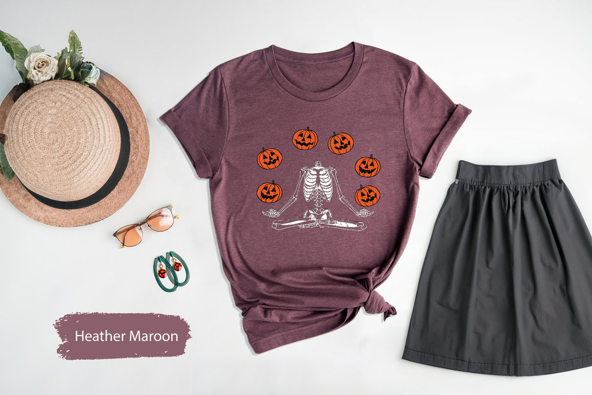 Skeleton Namaste Halloween Shirt,Pumpkin Halloween Shirt, Retro Funny Halloween Shirt, , Fall Yoga Shirt for Women, Spooky Season Shirt