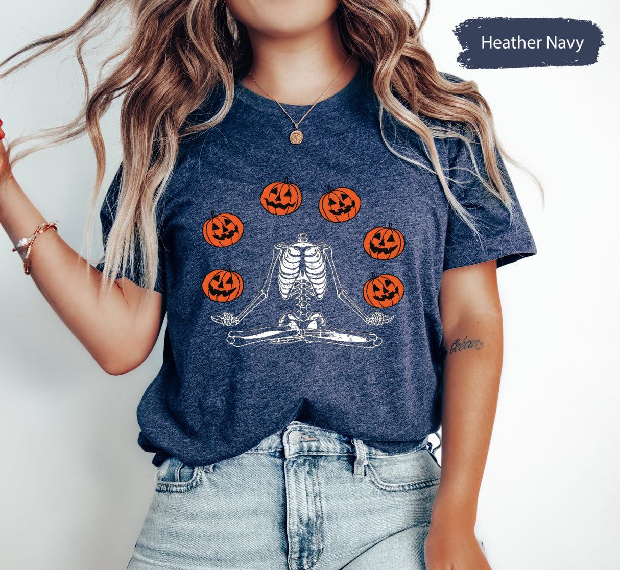 Skeleton Namaste Halloween Shirt,Pumpkin Halloween Shirt, Retro Funny Halloween Shirt, , Fall Yoga Shirt for Women, Spooky Season Shirt