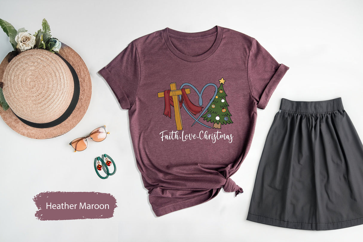 Faith Love Christmas Shirt, Christmas Shirt, Christmas Tree Shirt, Merry Christmas Shirt, Holiday Shirt, Faith Cross Shirt, Christian Shirts
