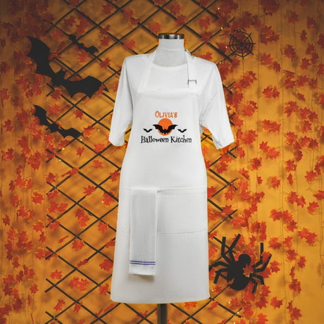 Personalized Halloween Embroidered Apron, Custom Apron, Kitchen Witch, Spooky Season Cooking Apron, Fall Chef Apron, Kitchen Costume - Arria Home