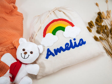 Personalized Punch Needler Embroidered Drawstring Bags, Custom Name Canvas Bag, Boho Rainbow, Baby Toddler Toy Bag, School Bag, Kid Gift.