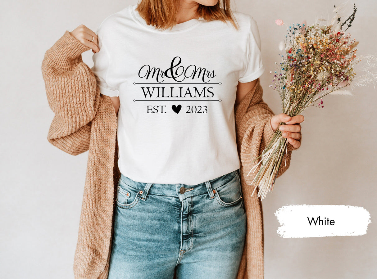 Mr Mrs Est, Personalised Last Name & Date T-Shirt, Husband and Wife Couples Honeymoon Tshirt, Matching Wedding Tee, Just Married Tshirt