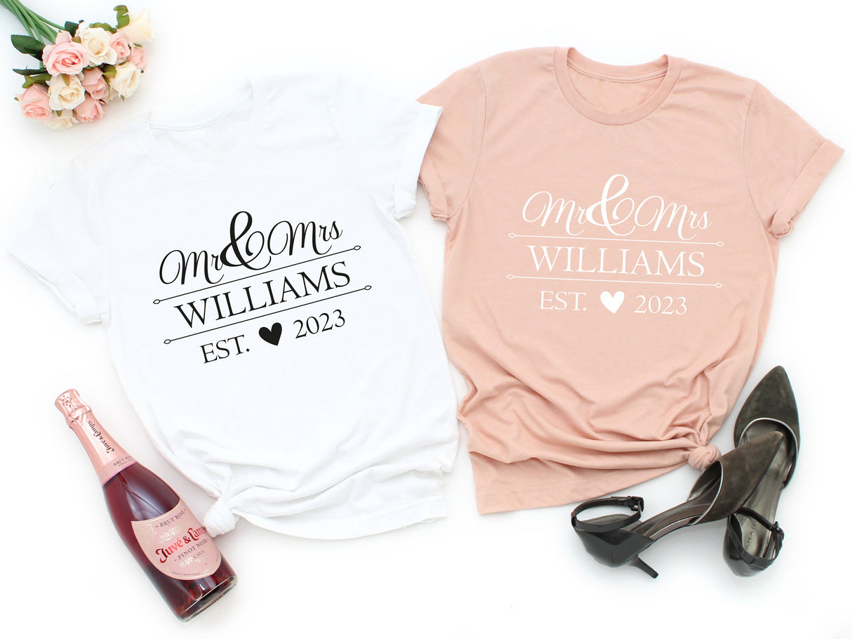 Mr Mrs Est, Personalised Last Name & Date T-Shirt, Husband and Wife Couples Honeymoon Tshirt, Matching Wedding Tee, Just Married Tshirt