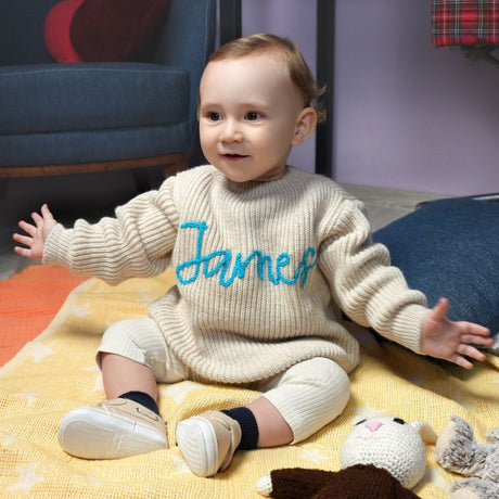 Custom Baby Embroidered Sweater, Personalized First Christmas Gift Idea, Custom Baby Blanket, Baby Beanie, Knitted Sweater, Knit Pillow Gift - Arria Home