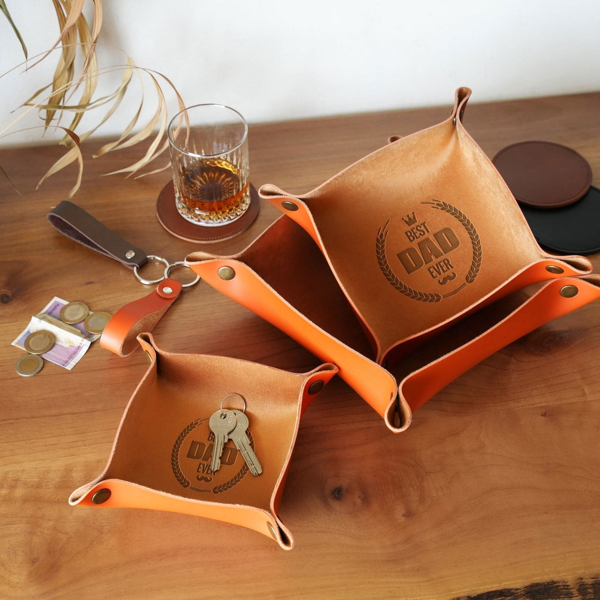 Gift for Dad Leather Valet Tray, Custom Catchall Tray, Gift for Him, Desk Organizer, Personalized Fathers Day Gift, Grandpa Christmas Gift - Arria Home