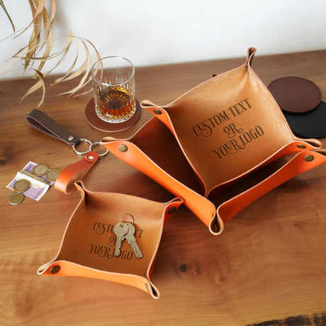 Custom Business Logo Leather Valet Tray, Personalize Engraved Catchall Tray, Company Logo Office Table Decor, Business Gift, Corporate Gift - Arria Home