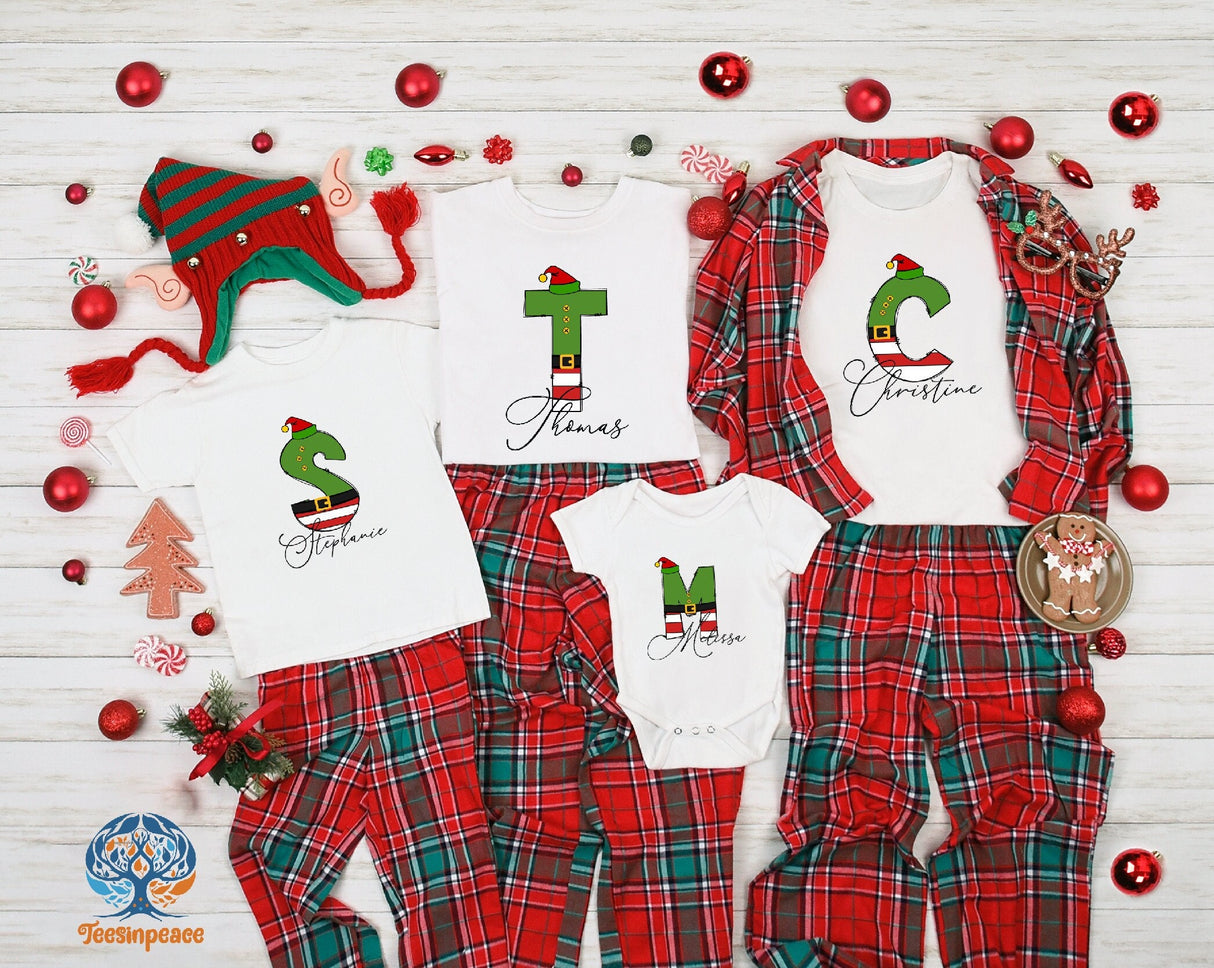 Personalized Christmas Alphabet Shirt with Elf Font, Custom Shirts, Customized Gifts, Xmas Family Shirt, Xmas Group Shirts, Christmas Tees