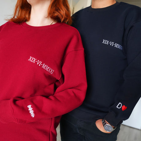 Custom Embroidered Couple Matching Sweatshirt, Custom Embroidered Unisex Hoodie, Personalized Date First Anniversary Gift, Gift for Her, Him - Arria Home