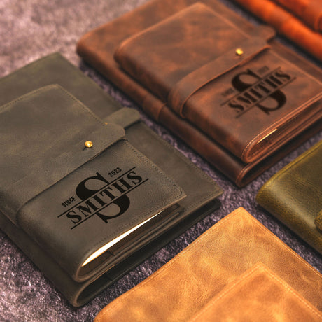 a group of leather notebooks sitting on top of a table