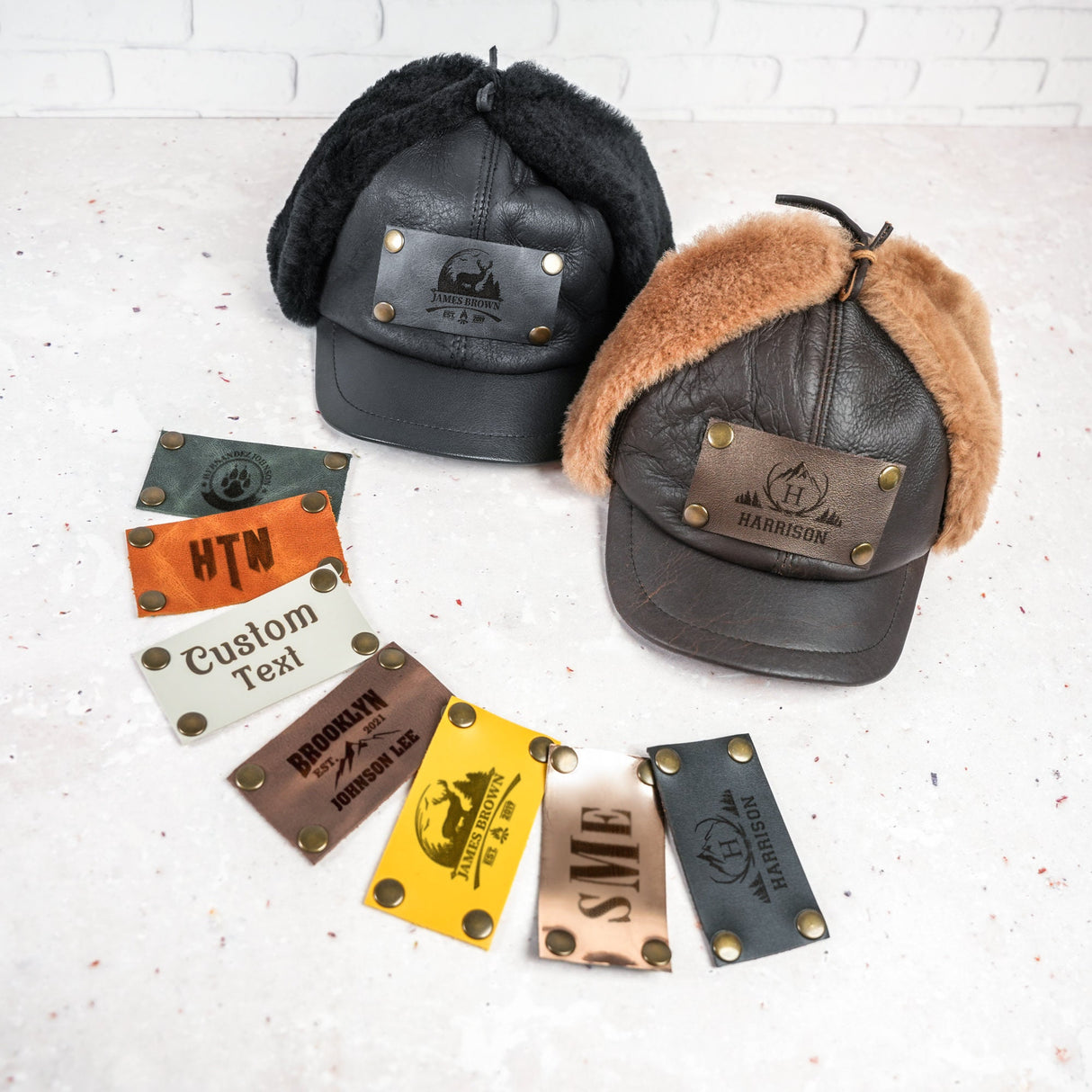 Personalized Hat Camping Gift, Custom Hat, Leather Patch Plush Hat, Gift for Her, Travel Gift, Ushanka Ear Flap Winter Fur Hat, Personalized - Arria Home