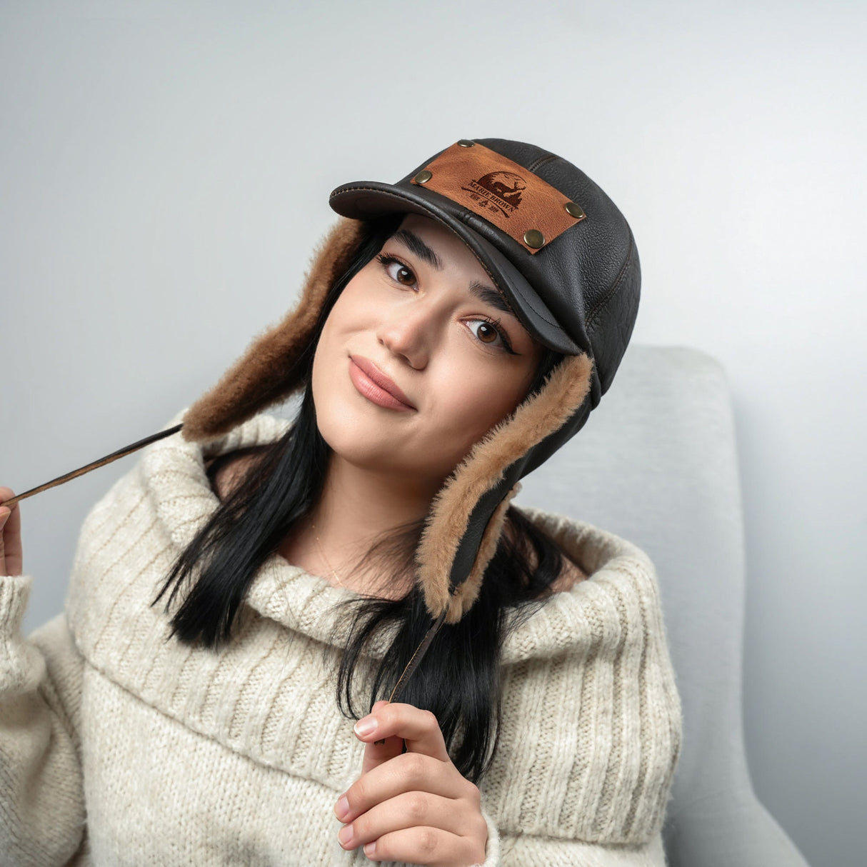 Personalized Hat Camping Gift, Custom Hat, Leather Patch Plush Hat, Gift for Her, Travel Gift, Ushanka Ear Flap Winter Fur Hat, Personalized - Arria Home