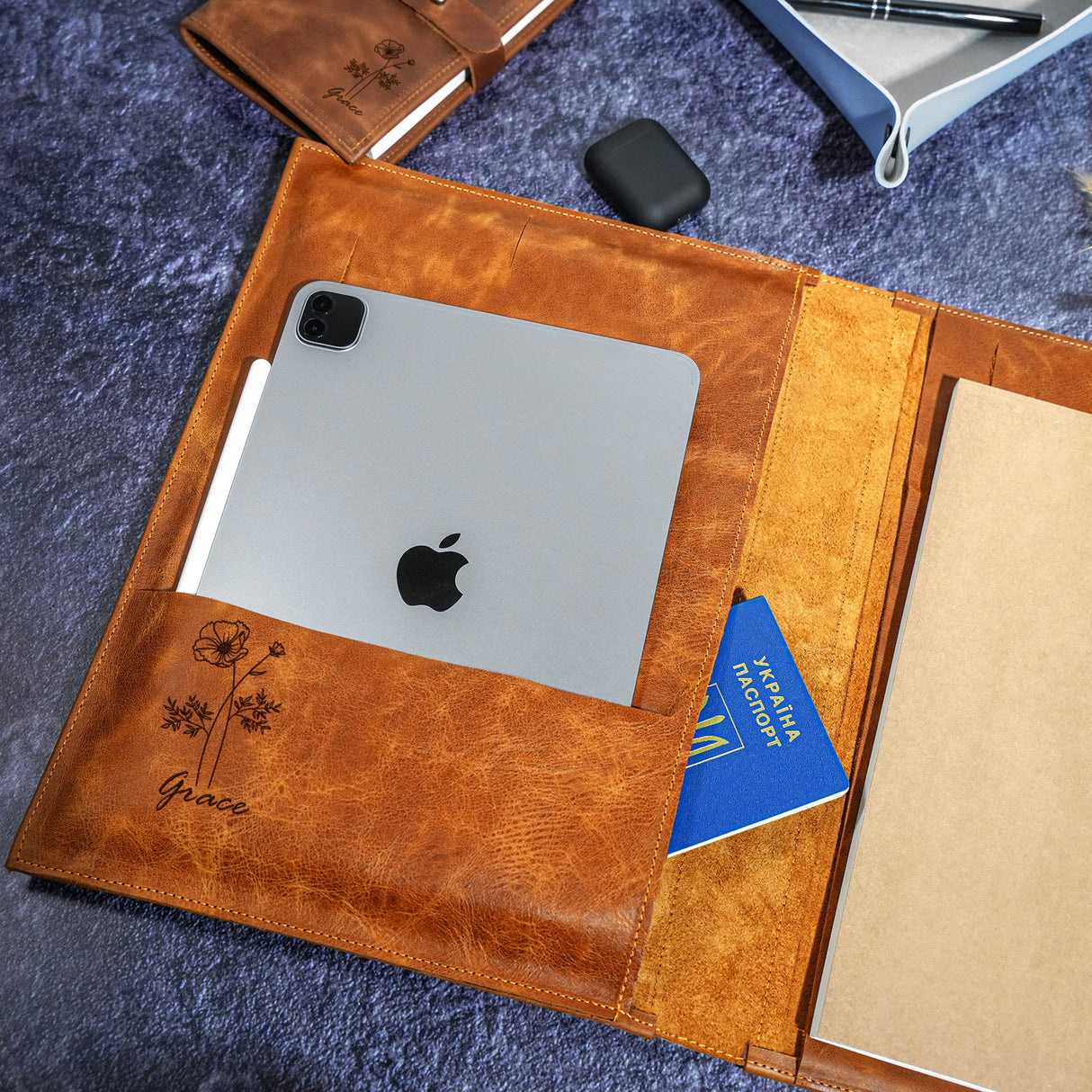 Personalized Leather Macbook Pro Case, Ipad Case for Her, Gift for Her, Personalized Mackbook Air Sleeve, Custom Birth Flower Gift for Her - Arria Home