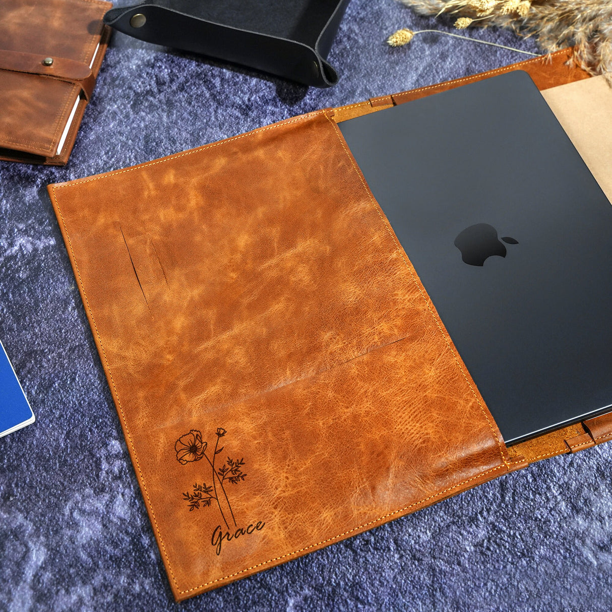 Personalized Leather Macbook Pro Case, Ipad Case for Her, Gift for Her, Personalized Mackbook Air Sleeve, Custom Birth Flower Gift for Her - Arria Home