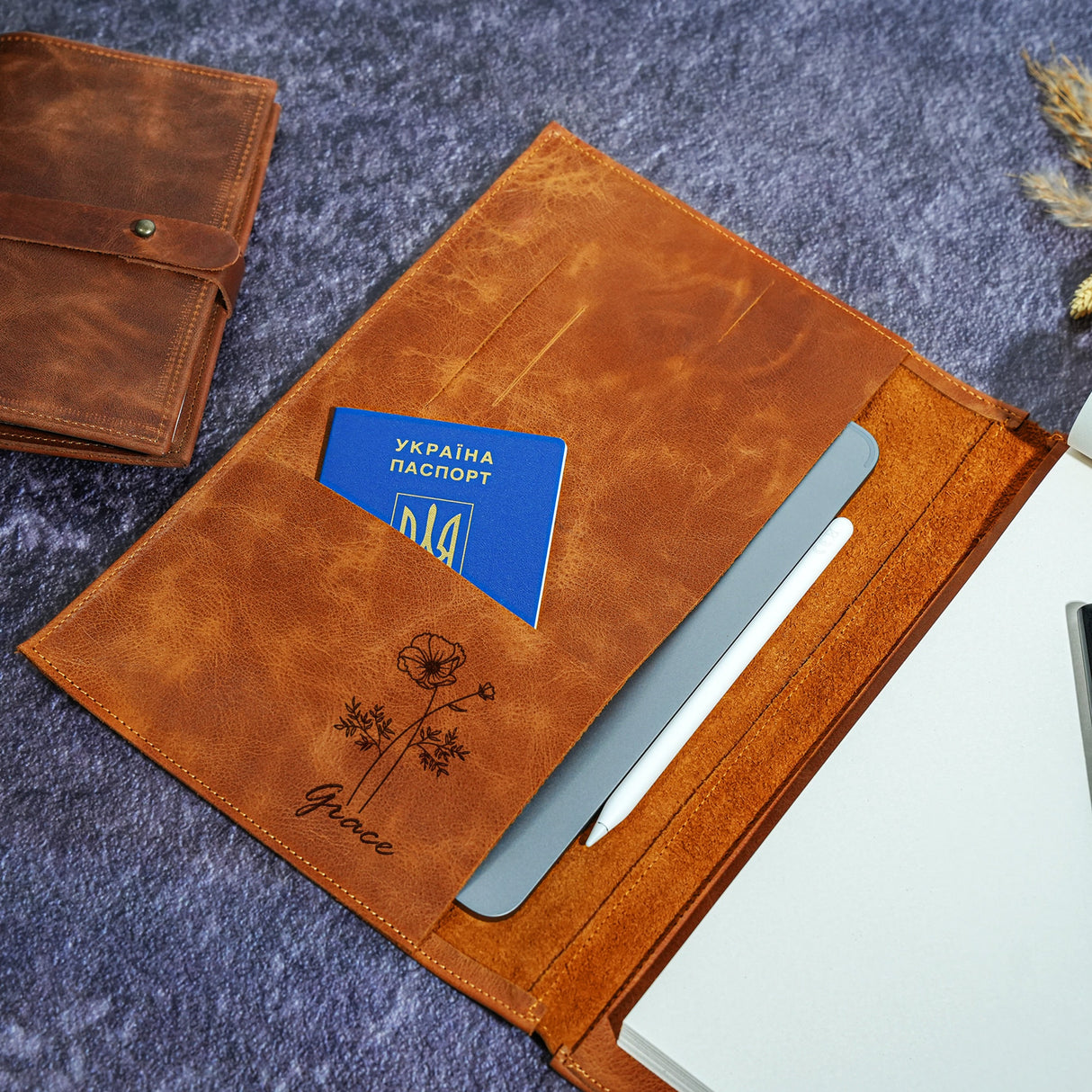 Personalized Leather Macbook Pro Case, Ipad Case for Her, Gift for Her, Personalized Mackbook Air Sleeve, Custom Birth Flower Gift for Her - Arria Home