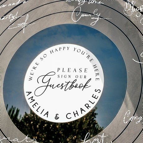 a circular sign that says we're happy you're here please sign our