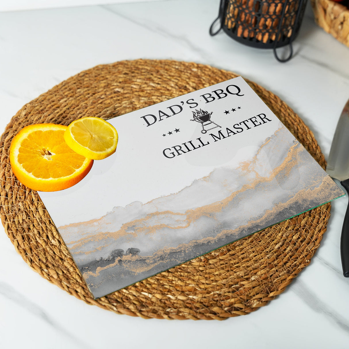 a dad's bbq grillmaster with orange slices on it