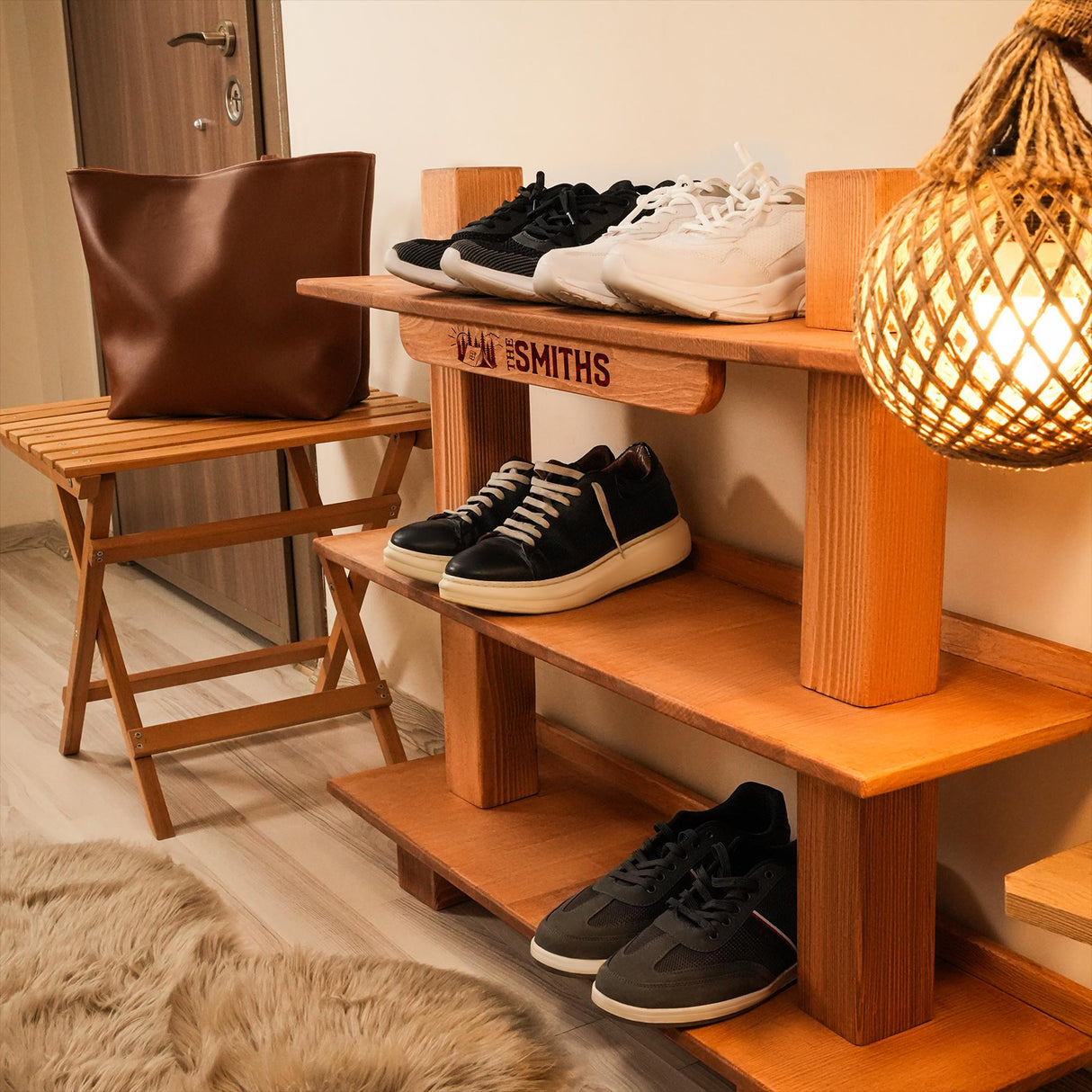 Wooden Shoe Rack, Custom Engraved Family Name Shoe Storage, Rustic Camping Gift, Personalized Shoe Rack, Camper Family Gift, Happy Campers