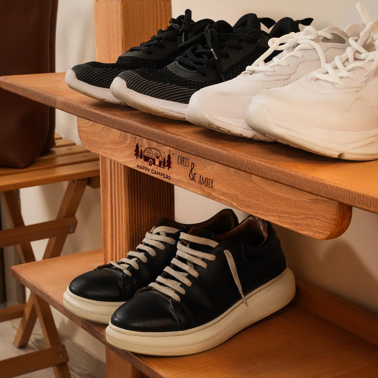 Wooden Shoe Rack, Custom Engraved Family Name Shoe Storage, Rustic Camping Gift, Personalized Shoe Rack, Camper Family Gift, Happy Campers