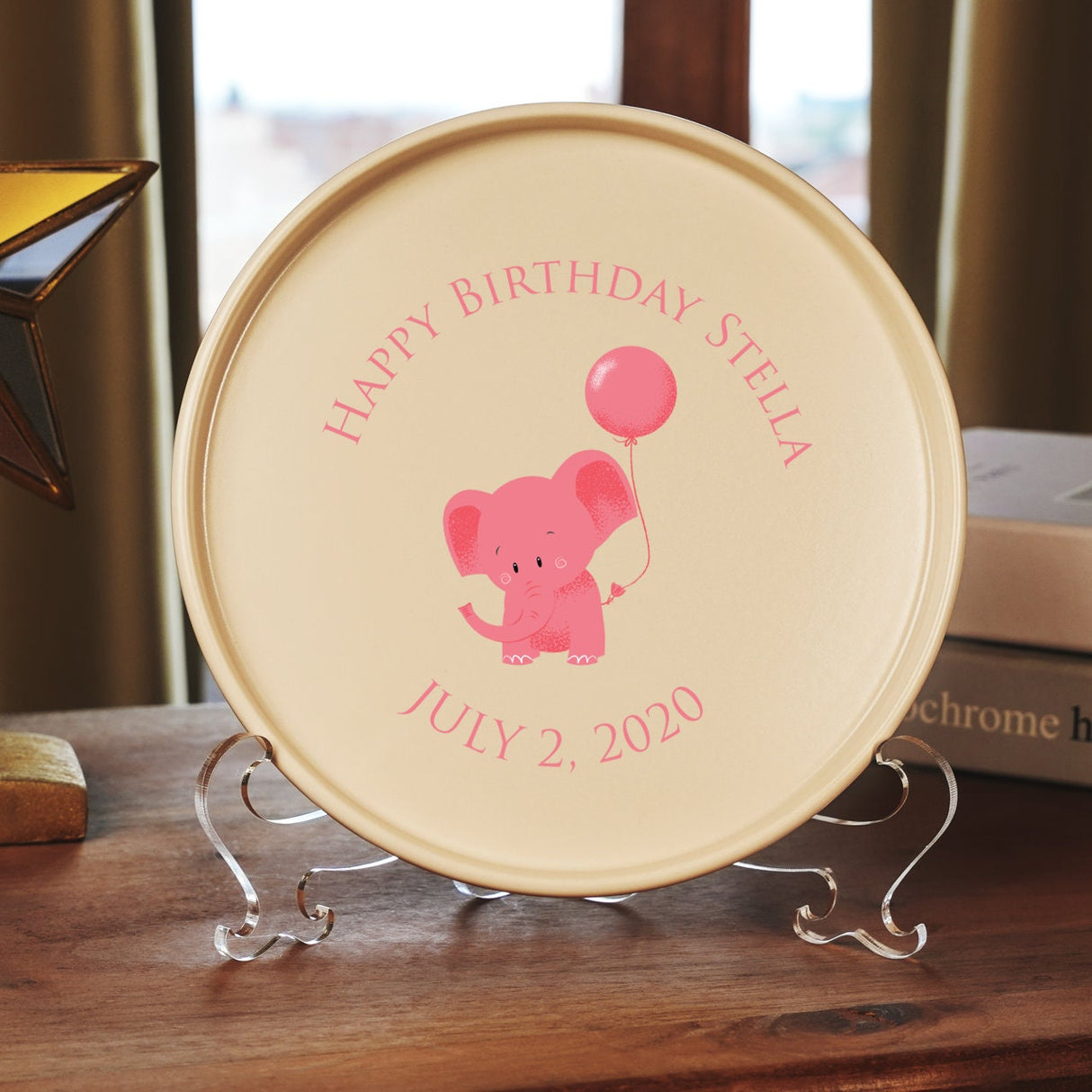 a personalized birthday plate with an elephant on it