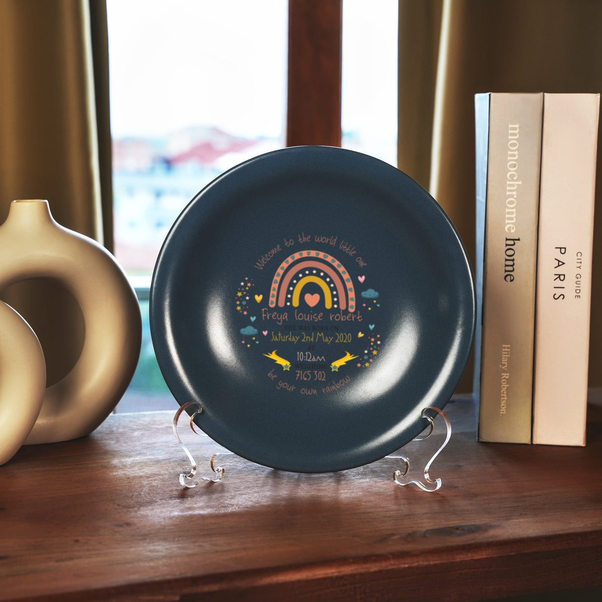 a blue plate sitting on top of a wooden table