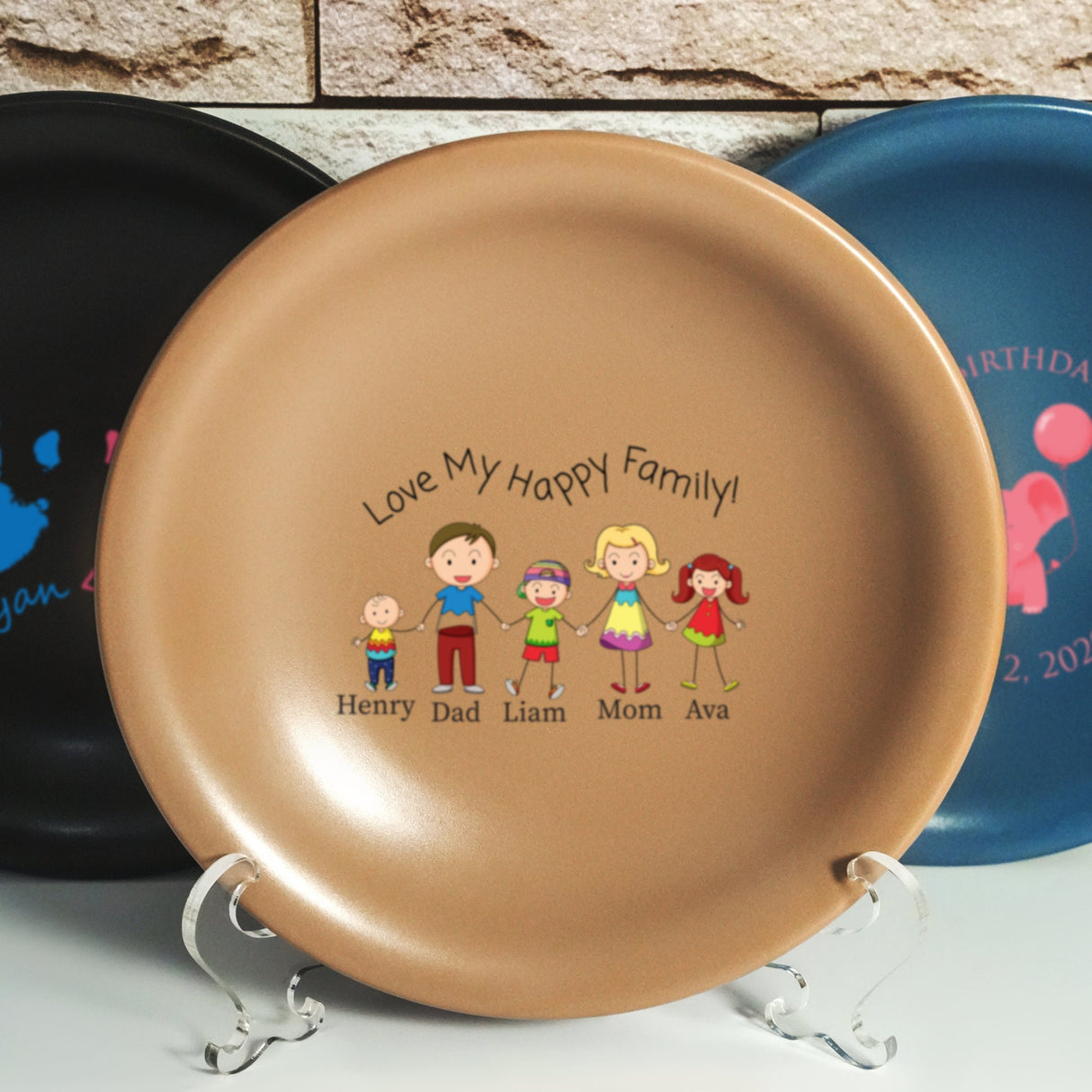 a plate with a picture of a family on it