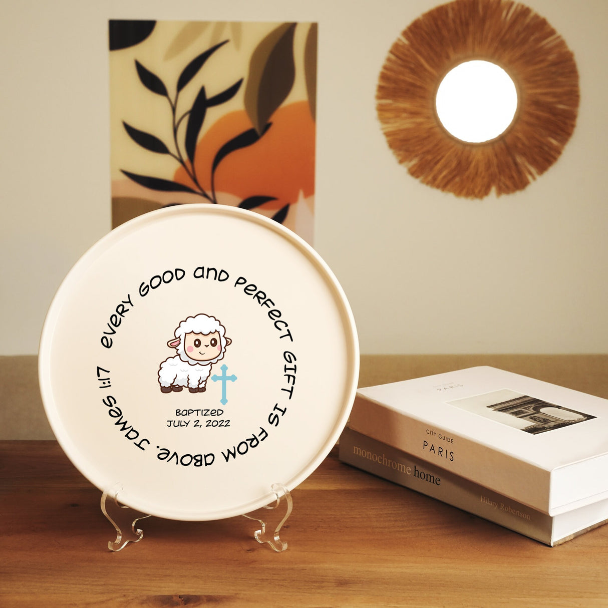 a white plate sitting on top of a wooden table