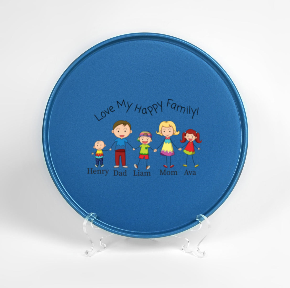 a blue frisbee with a family picture on it